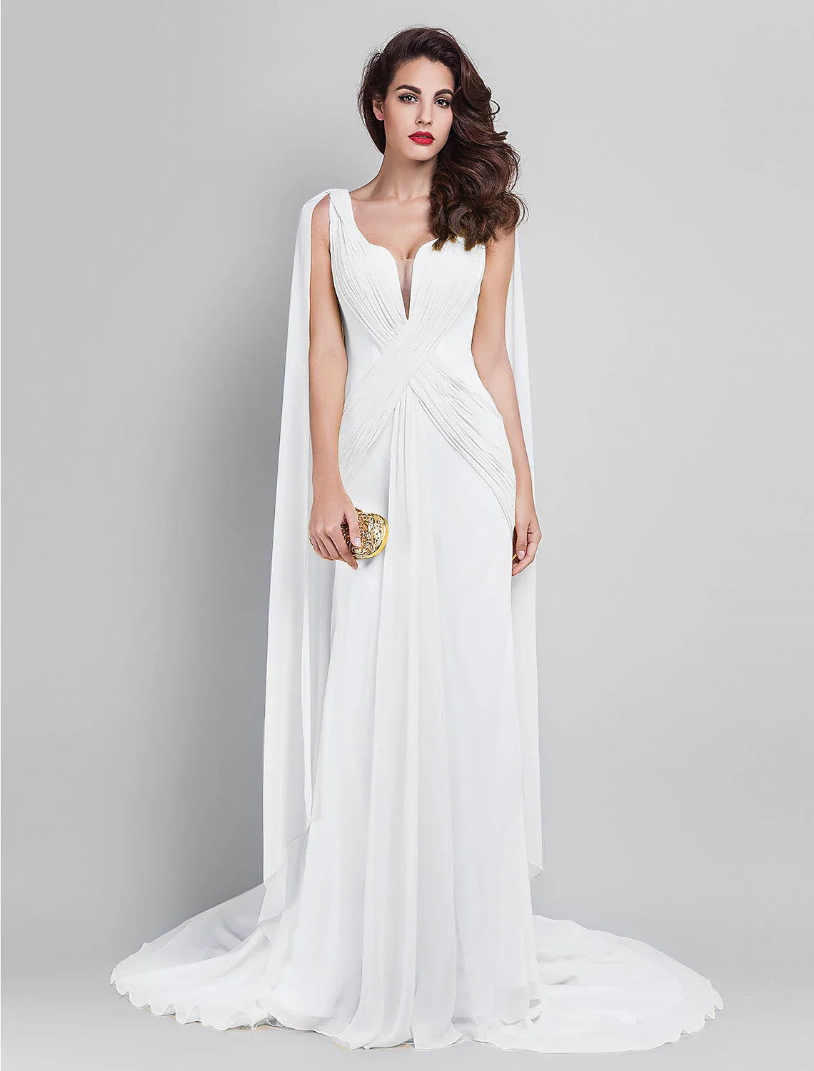 Evening Dress Wedding Guest Prom Court Train Sleeveless Plunging Neck Georgette V Back with Criss Cross Side Draping