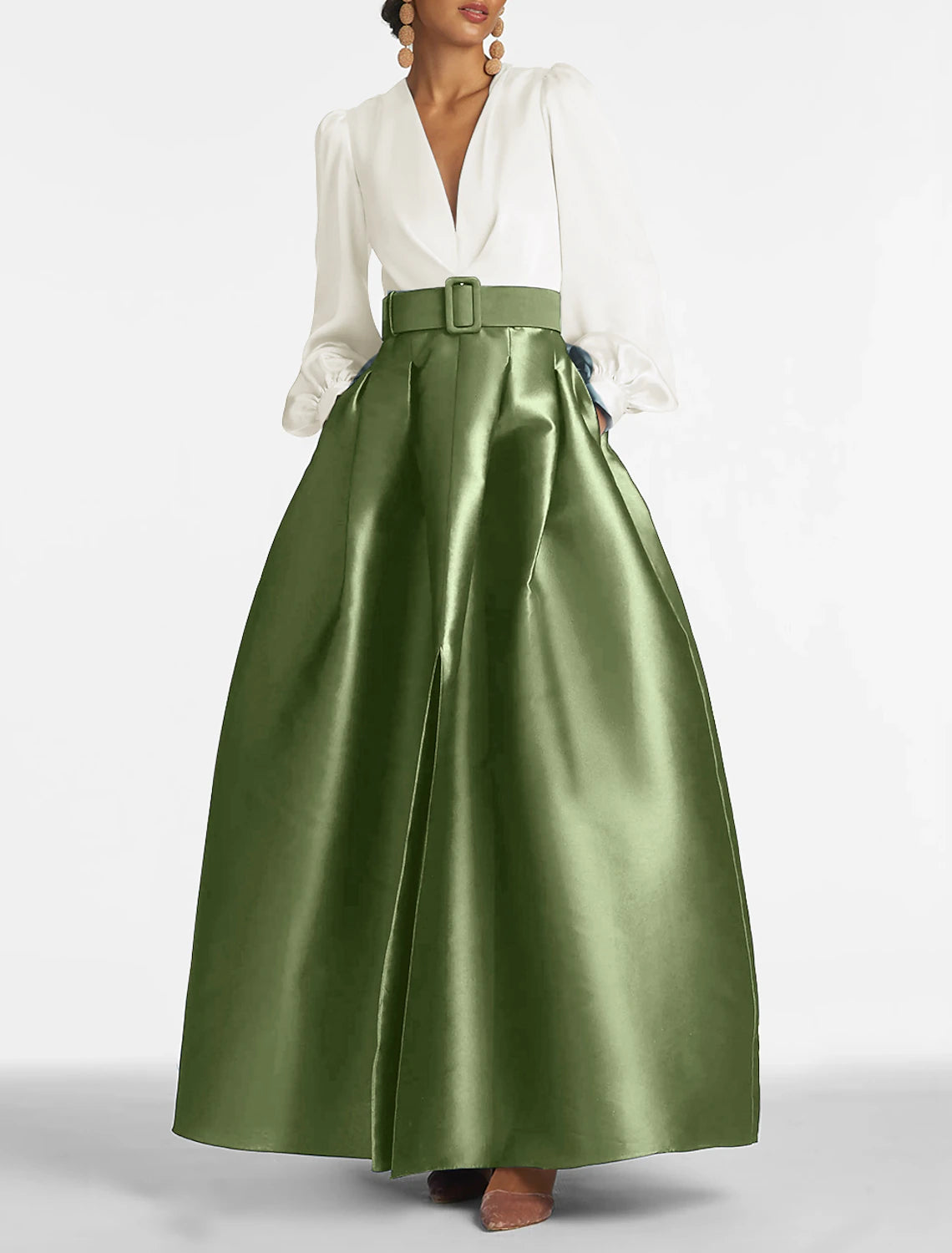 A-Line Satin Green Dress Formal Wedding Guest Dress Elegant Evening Gown High Split Pocket Long Sleeve Floor Length Color Block V Neck Belt