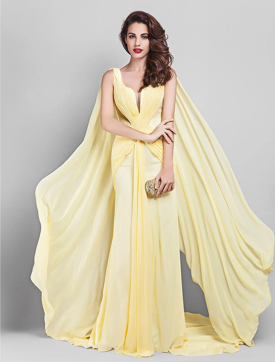 Evening Dress Wedding Guest Prom Court Train Sleeveless Plunging Neck Georgette V Back with Criss Cross Side Draping
